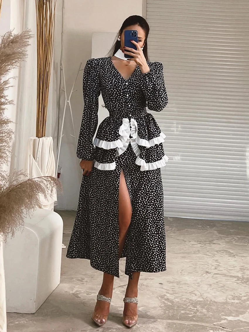 

Marthaqiqi Printing Female Nightwear Halter Pajamas Long Sleeve Nightie Sexy V-Neck Nightgown Ankle-Length Dress Women Sleepwear