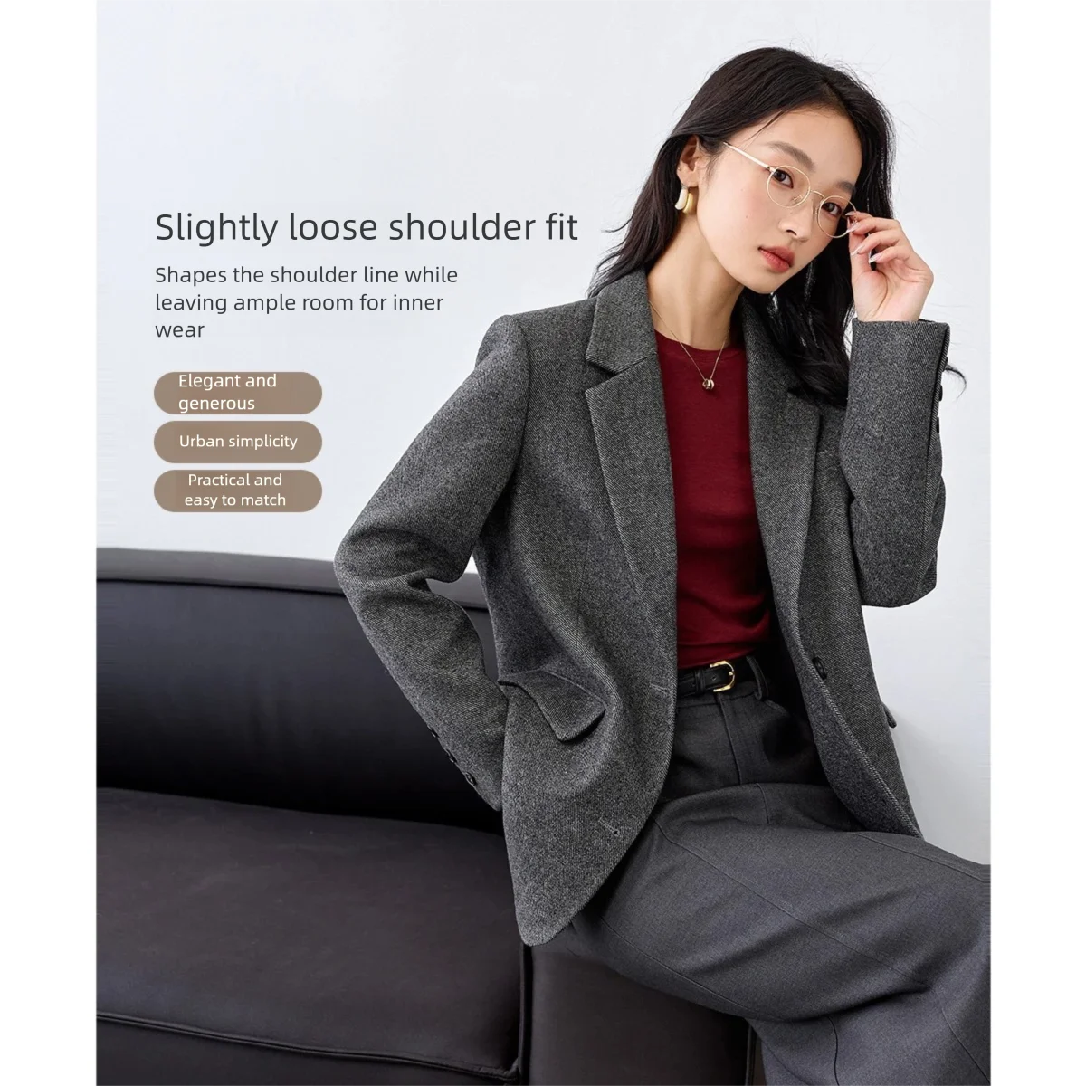VIMLY Dark Gray Wool Blend Blazer 2026 Autumn Winter New Fashion Office Lady Elegant Coat Casual Loose-fit Female Jackets M9353