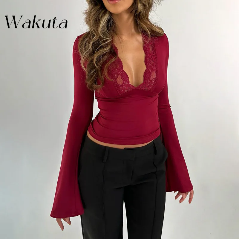 WAKUTA 2024 Autumn Temperament V-neck Long Sleeved Base Shirt Sexy Spicy Girl Slim Fit Patchwork Lace Slimming Evening Tanks