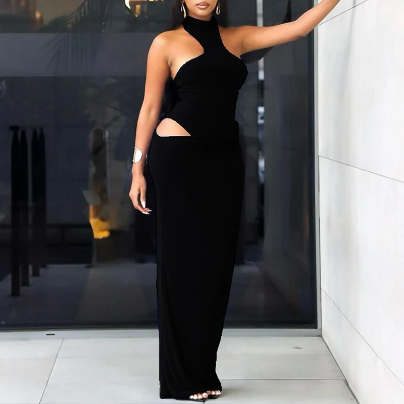 OMSJ 섹시한 솔리드 컬러 민소매 컷아웃 불규칙한 홀터넥 하이 칼라 오프 숄더 맥시 드레스 여성 패션 클럽 스트리트 의류