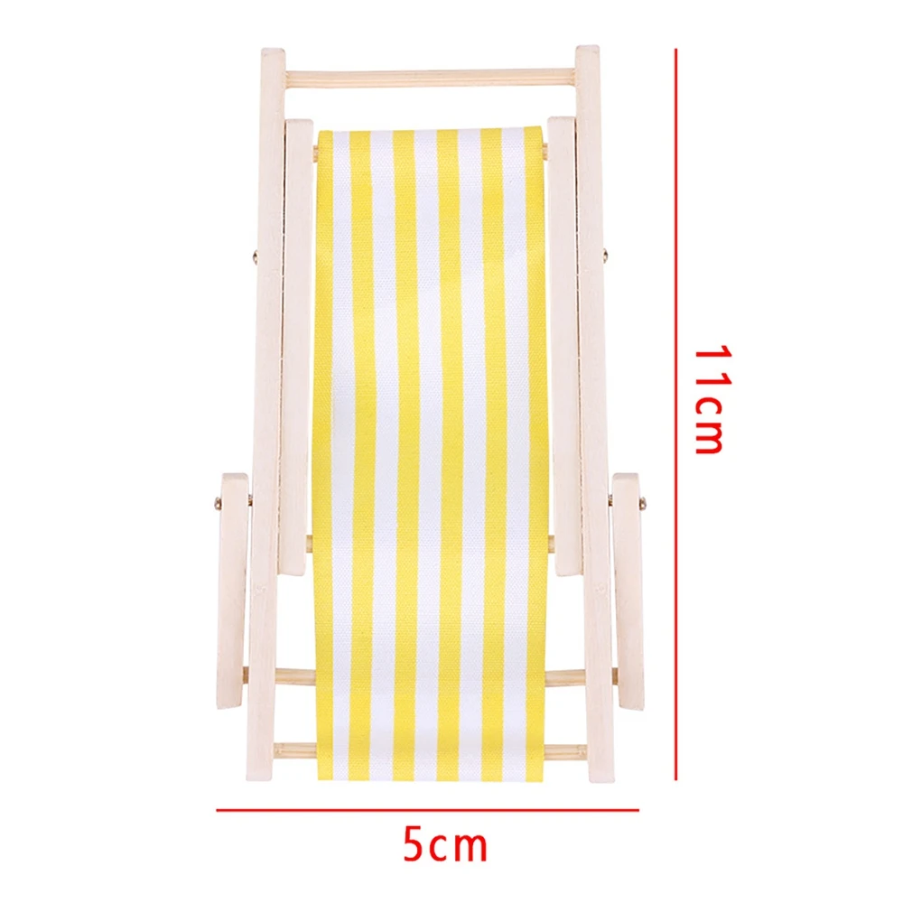 MACH-3Pcs 1:12 Miniature Foldable Wooden Beach Chair Mini Deck Chair Longue Deck Chair With Stripe Dollhouse Accessories