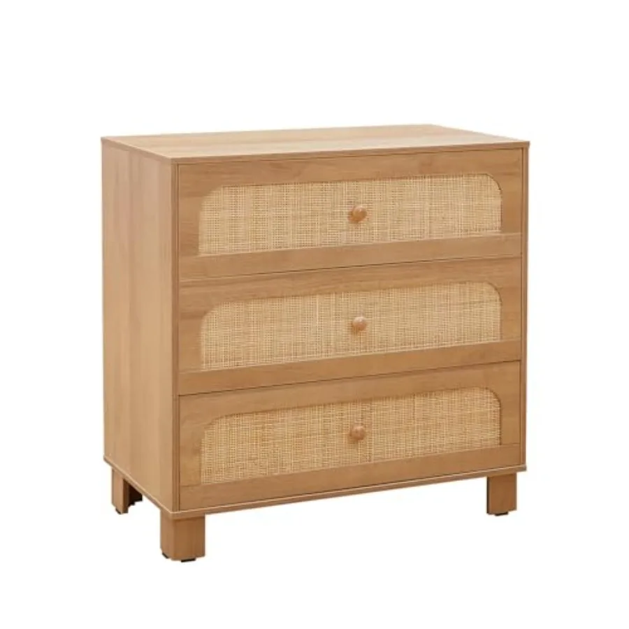 3 Drawer Dresser for Bedroom Rattan Modern Closet Dressers Chest of Drawers Wood Oak Storage Chest for Bedroom Hallway Living R