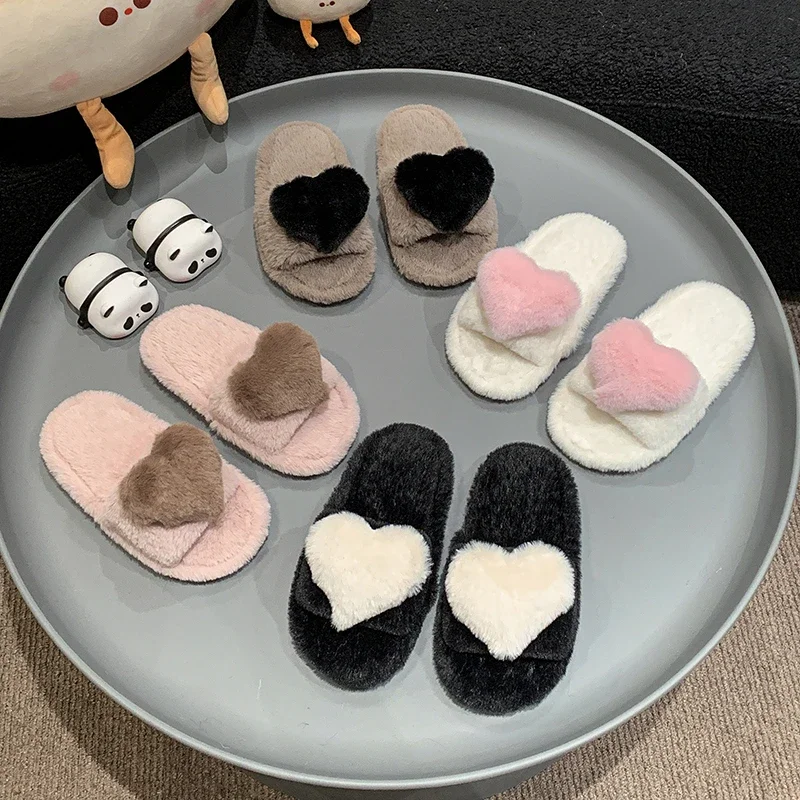 2024 Children Plush Shoes for Girl Winter New Sweet Love Fashion Korean Style Soft Anti-slippery Chic Versatile Outside Slippers