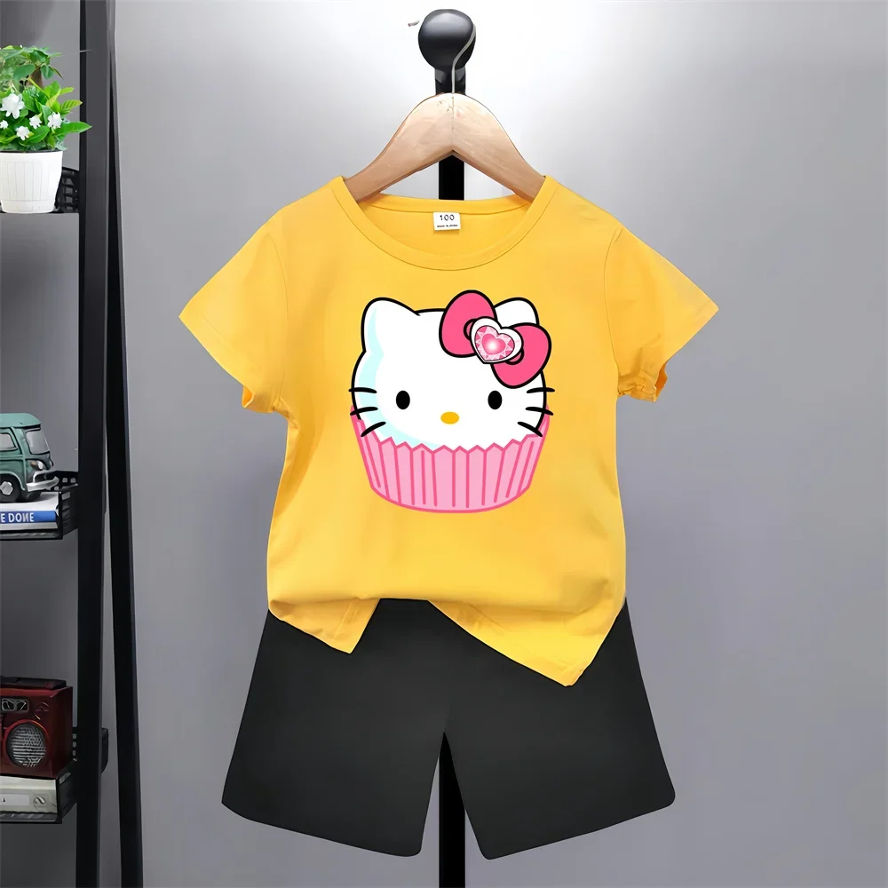 Top Designer Brands Hello Kitty Summer Suits Children's Clothing Boys Girls Clothing Tops Shorts Sportswear for Ages 3-14