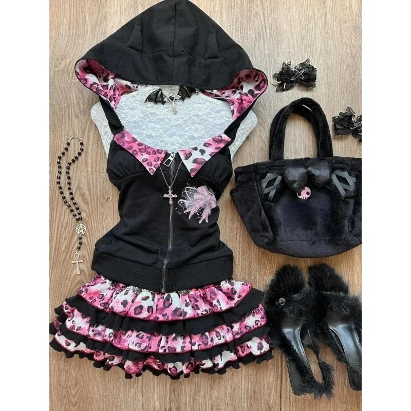 Autumn Harajuku Japan Zipper Women Tops Sweet Patchwork Pleated Tiered Skirts Punk Y2k Aesthetic Streetwear Vintage Sets