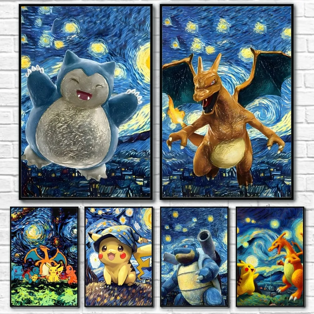 

V-Van Gogh Snorlax Charizard Poster Sticky Wall Art Printing Waterproof Home Living Bed Room Bar Aesthetic Decor