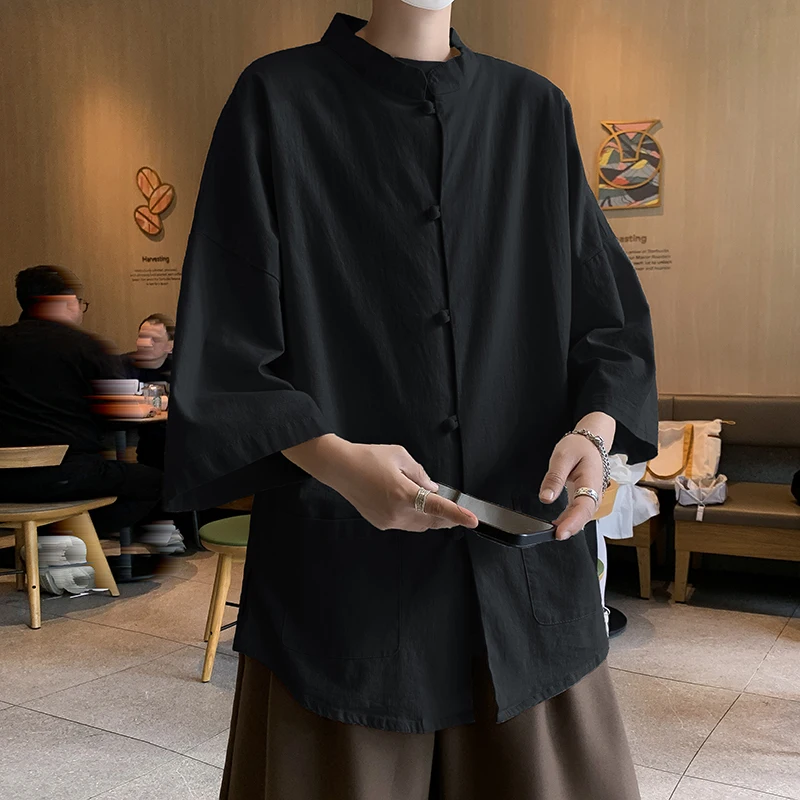 New Chinese Style Tang Suit Linen Seven Half Sleeve Shirt Men Summer Thin Cotton Pure Cotton Shirt Zhongshan Coat Jacket