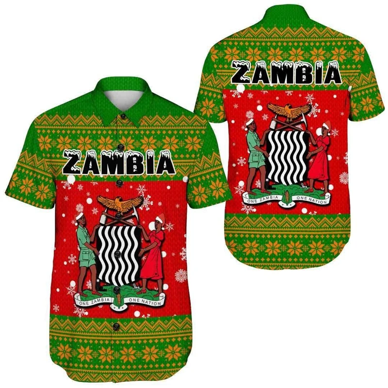 

Zambia 3D Printed Short Sleeve Shirts For Men Clothes Fashion Hawaiian Male Shirt Africa Lapel Blouse Coat Of Arms Button Tops