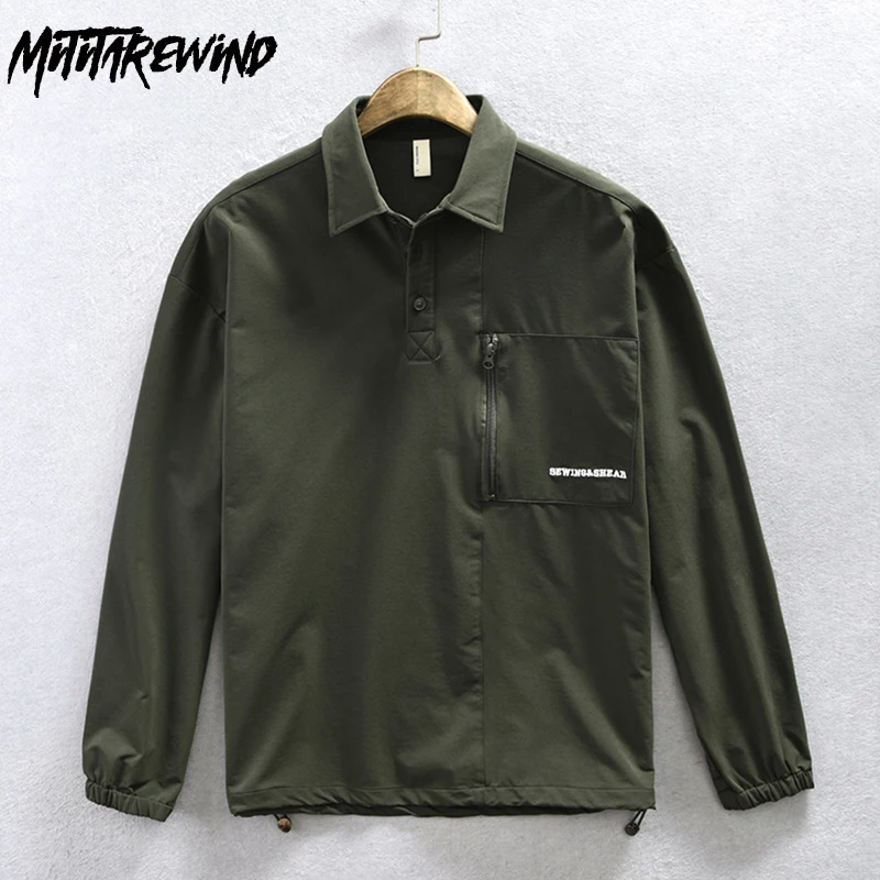 

New Spring Autumn Long Sleeve Shirt Man Japanese Cargo Loose Shirts Zipper Pocket Pullover Army Green Shirt Fashion Causal Tops