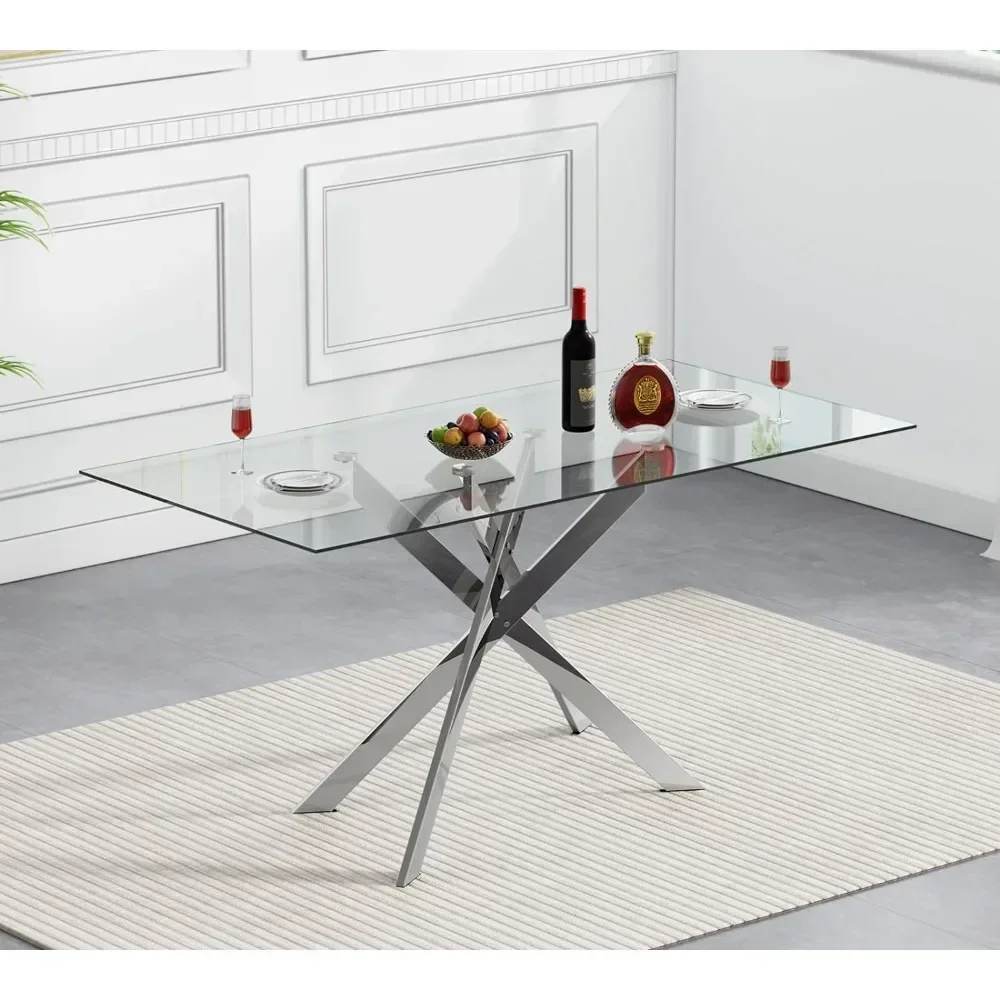 Rectangular Glass Dining Table Kitchen Glass Top Table for 4 with   Metal Legs,Dining Table Kitchen Glass Tables for Kitchen