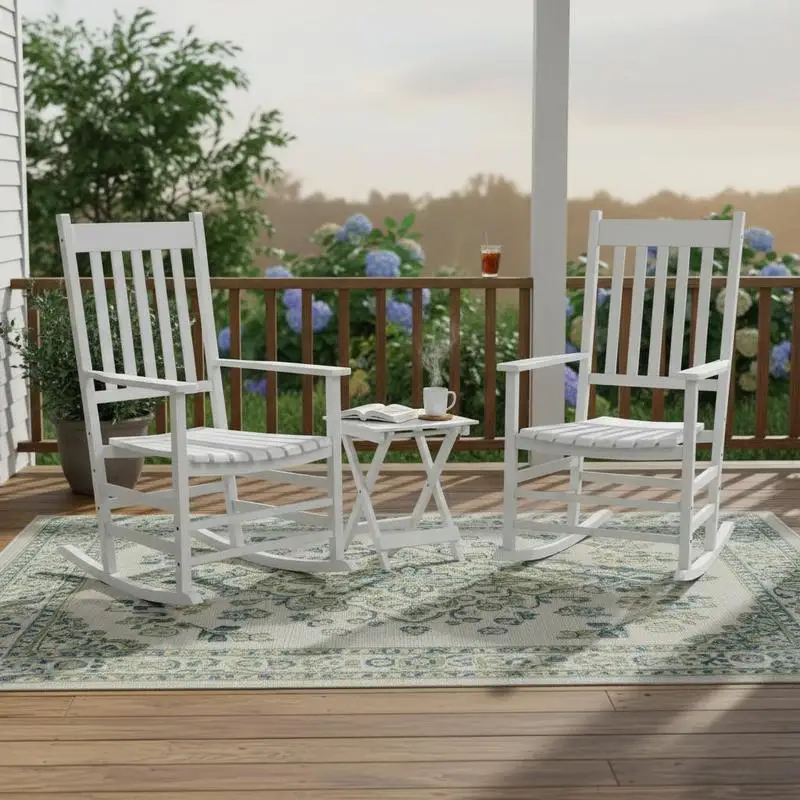 Outdoor Rocking Chair Set of 2 with Side Table, Patio Wooden Rocking Chair with Smooth Armrests, High Back for Garden, Balcony, Porch, Supports Up to 352 lbs. , White
