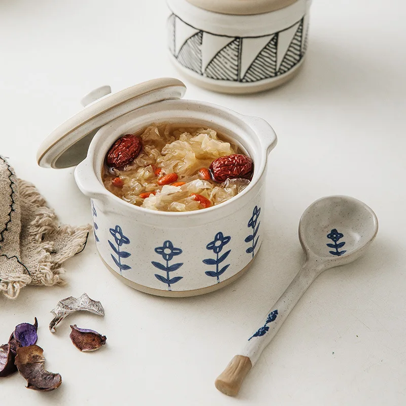 Ceramic Stewing Bowl Casserole for One Person Japanese Retro Style Inner Pot with Lid Steamer for Bird Nest Soup Home Kitche