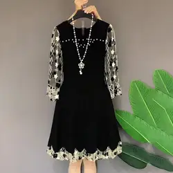 Women's Clothing Broken Flowers Spliced Dresses Fashion Beading Spring Autumn Round Neck Elegant Drawstring A-Line Midi Dress