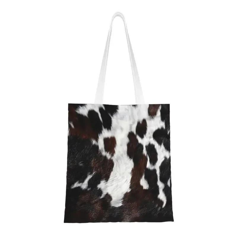 Cowhide Style Spotted Pattern In Brown And White Shopping Bag Printing Canvas Shoulder Tote Bag Portable Grocery Shopper Bags