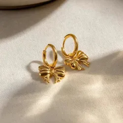 Trend Chic Bow Tie Pendant Drop Hoop Huggie Earrings 18k Gold Plated Trendy Matel Bowknot Earrings Fashion Charm Jewelry
