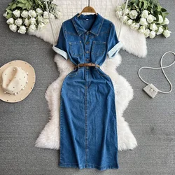 Women Dress Denim Dresses Slim Fit Casual Sexy Turn Down Collar Short Sleeve Single Breasted High Waist Mid Length Vestidos