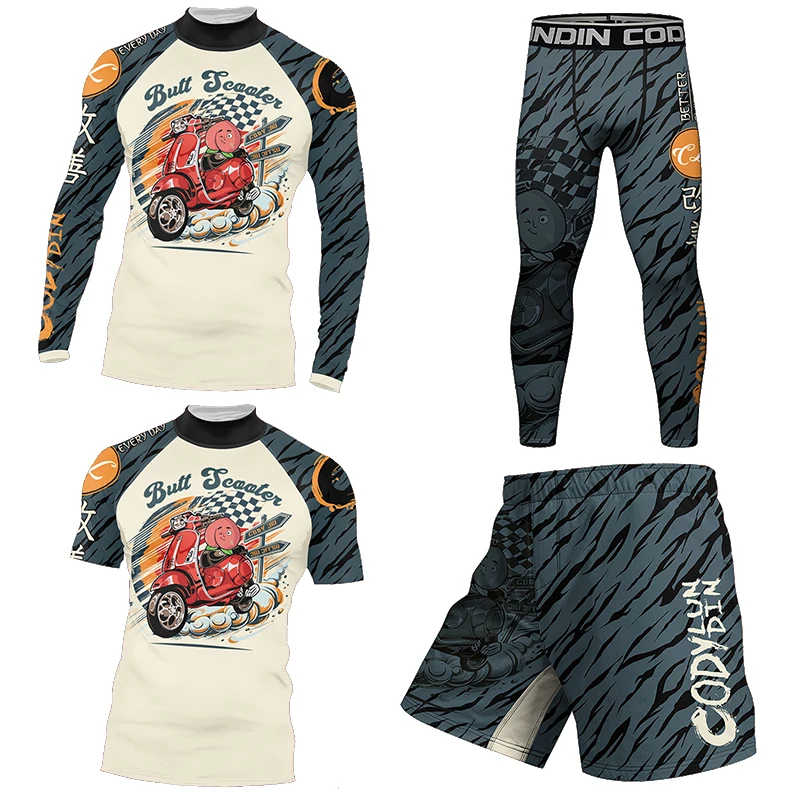 MMA BJJ 4pcs No-Gi Rash Guards Suits Sports Men Essential Stretchy Training Compression Moisture T Shirt+Pant Fighting Sweatsuit