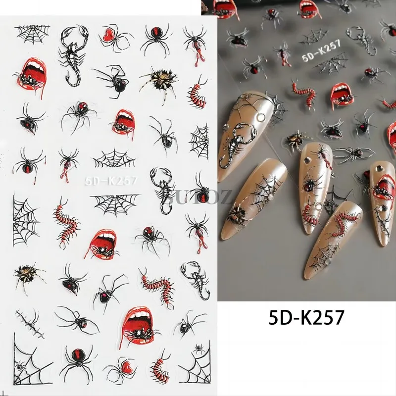 5d hellblaue Spinne geprägt Nagel aufkleber Design Halloween Tausend füßler rot Augapfel Kunst Dekorationen Schieber Nagel Aufkleber