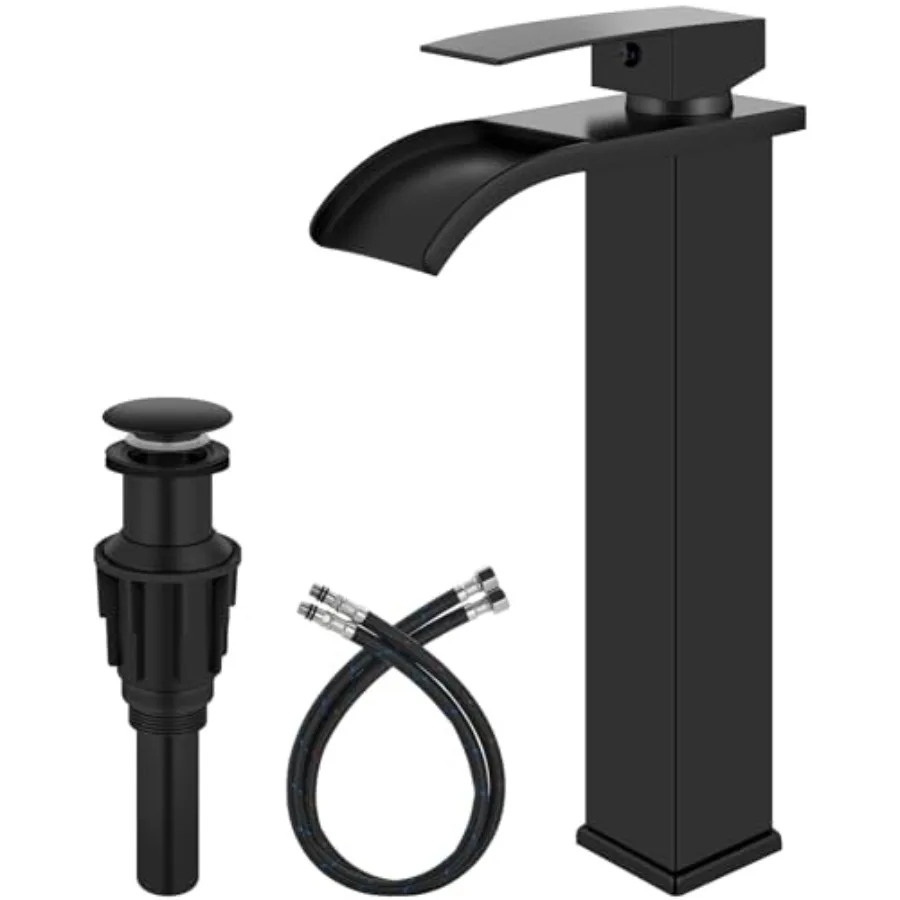 

Vessel Sink Faucet Waterfall Tall Bathroom Faucet Single Handle, Single Hole Lavatory Vanity Mixer Tap with Pop Up Drain and Su