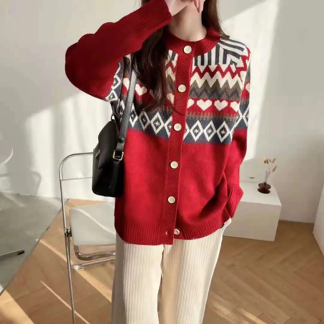 Fashion Women Knitted Sweaters Coat Geometric Jacquard Autumn Winter Korean New Long Sleeve V-Neck Button Cardigans Casual Tops