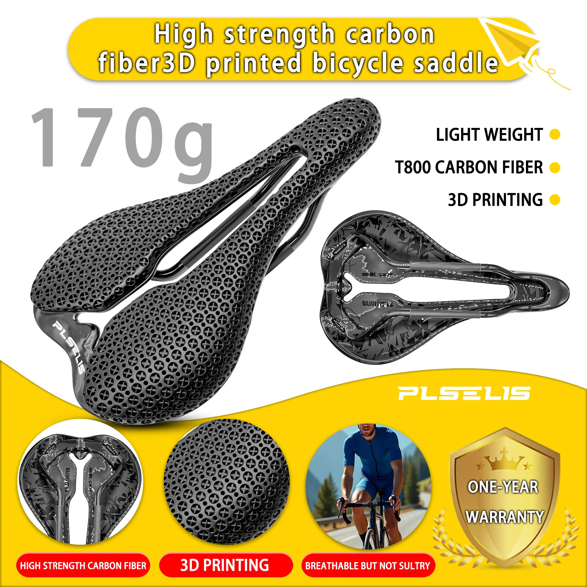 

Plselis Road Bicycle Saddle High-Strength Carbon Fiber 3D Printed Counterweight Lightweight 170g Bike Cushion Riding Accessory