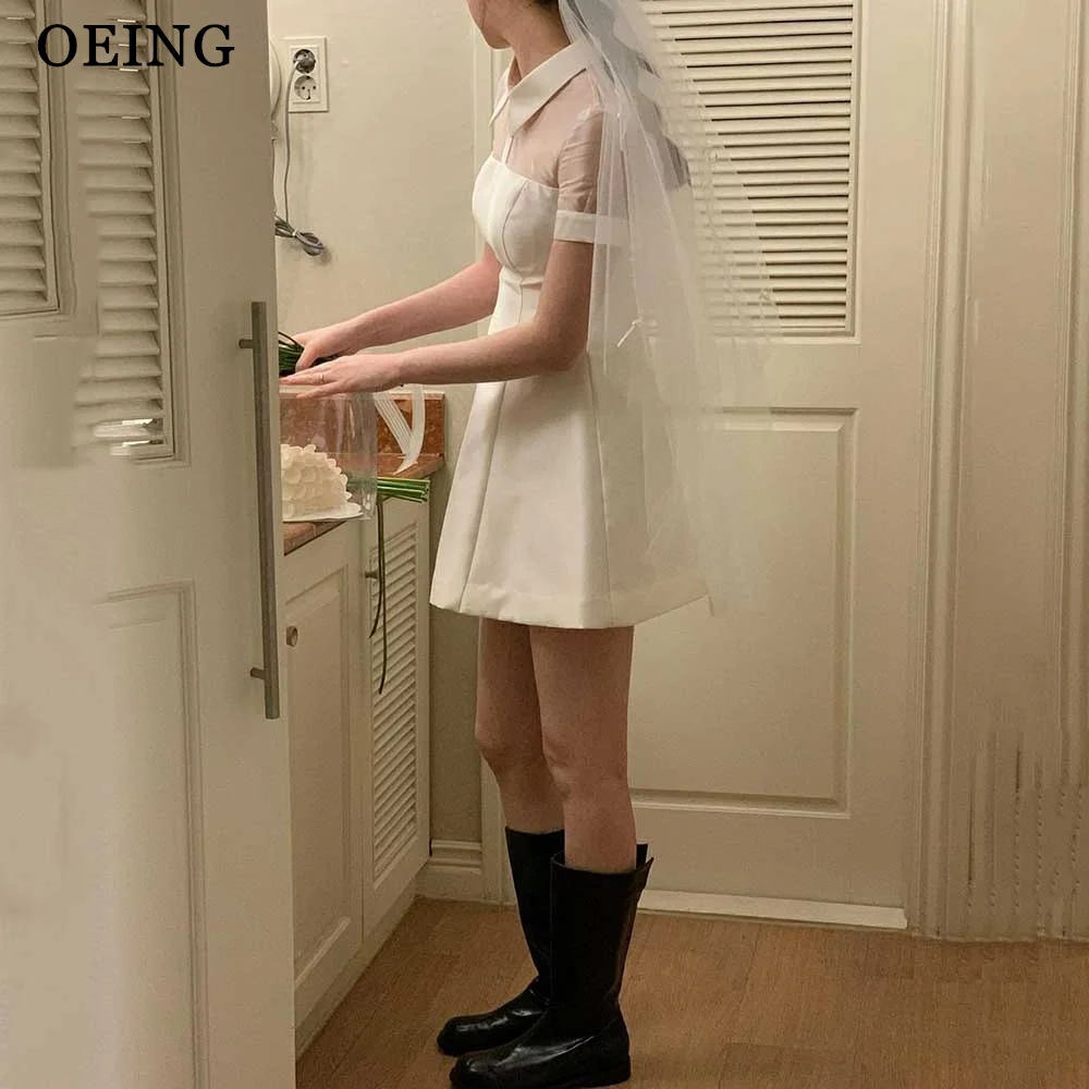 

OEING White Mini Korea Wedding Shooting A-line Dresses Short Sleeves Elegant Simple Bridal Gown High Neck Gala 2024