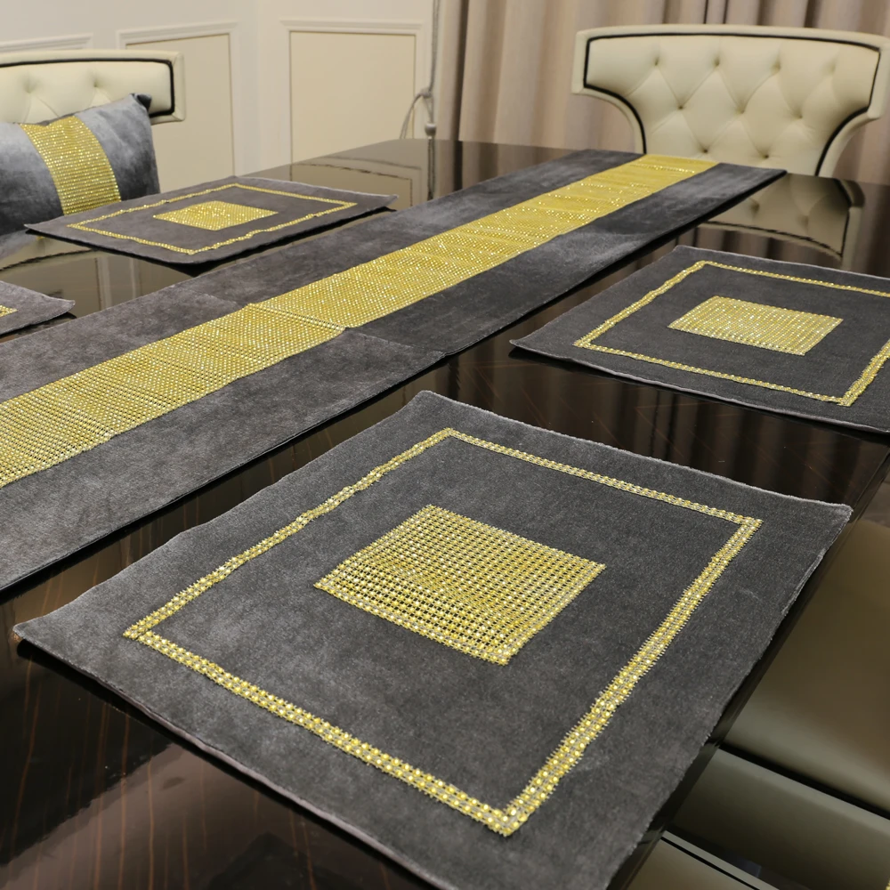 Gold Rhinestones Table Runner Luxurious Faux Flannel Diamond Table Runners Mat Pillow Case For Home Dinner Table Decoration