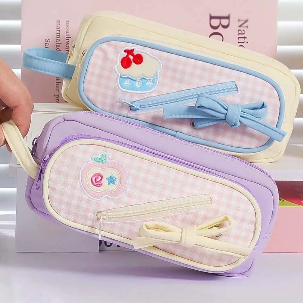 Handheld Korean Bow Stationery Bag Fruit Cherry Cake Print Embroidery Korean Fruit Pencil Case Large Capacity Aesthetic