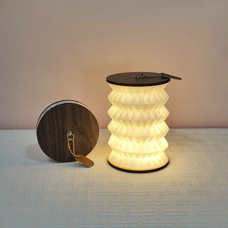 Wooden Foldable Table Lamp 3-Color Dimmable Paper Lantern Rechargeable Reading Light for Bedroom Living Room Camping Night Light