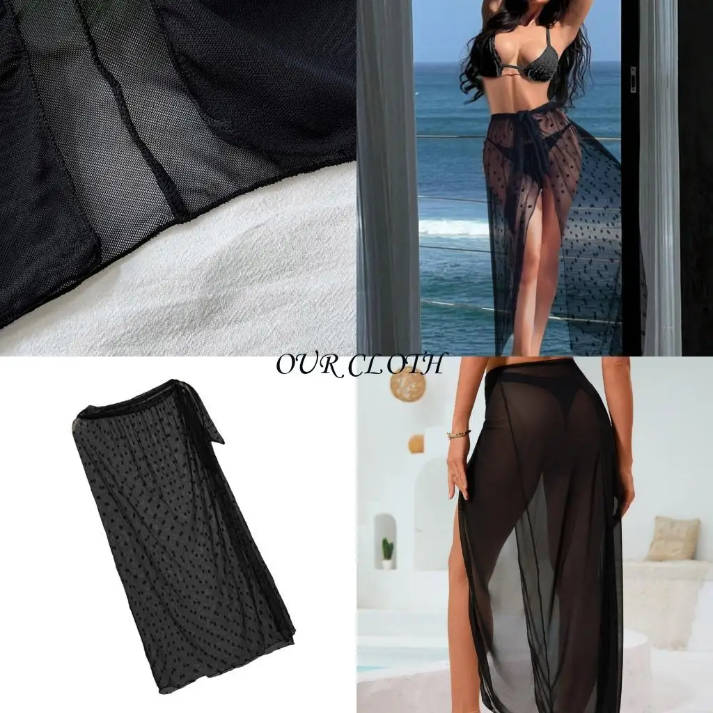 

Women Long Beach Dress Sheer Mesh Beach Coverup Side Slit Beach Wrap Skirt Y1AC