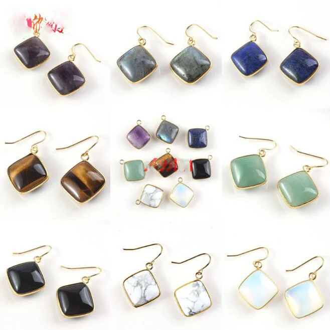 Luckyshine Natural Square Amethyst Tiger's Eye Moonstone Labradorite Onyx Green Jade Turquoise Rose Gold Dangle Earrings
