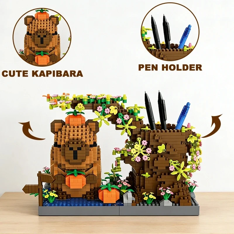 New Capybara Building Blocks Pen Holder Cute Cartoon Animal Desk Pen Storage Assemble Brick Educational Toys Gift For Girl Adult