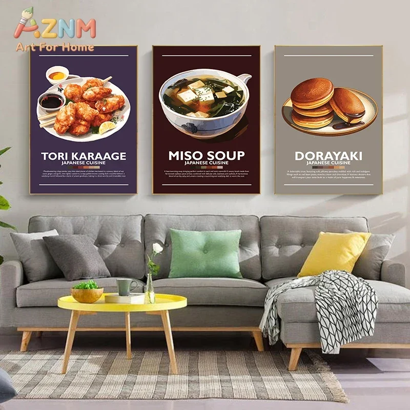 AZNM Japanese Food Canvas Wall Art, Ramen Sushi Gyoza Matcha Traditional Cuisine Poster Print, Unframed Canvas Painting for Kitc