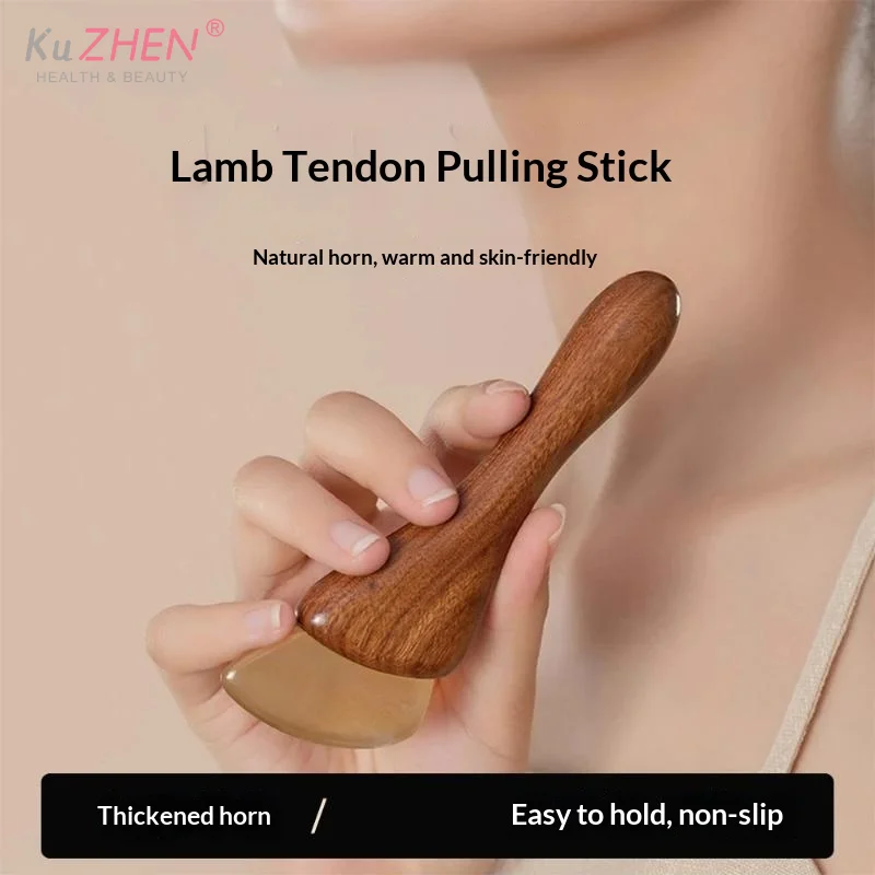 1PCS Durable  Natural Sheep Horn Facial Gua Sha Tool With Non Slip Wooden Handle Skin Friendly For Facial Massage Home Use