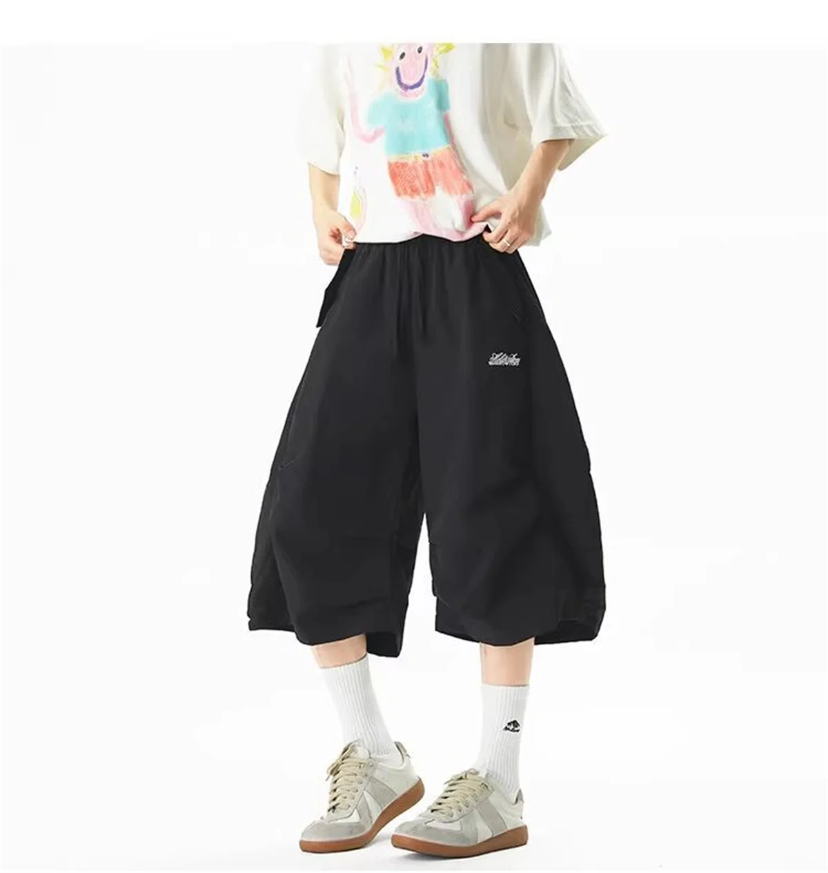 Embroidered Quick-dry Shorts for Men Summer Outdoor Mountain-style Wide-leg Cropped Pants Loose Casual