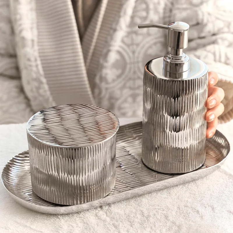 Indian aluminum silver bathroom combination three-piece set oval tray decorative jar lotion bottle storage round box ornament