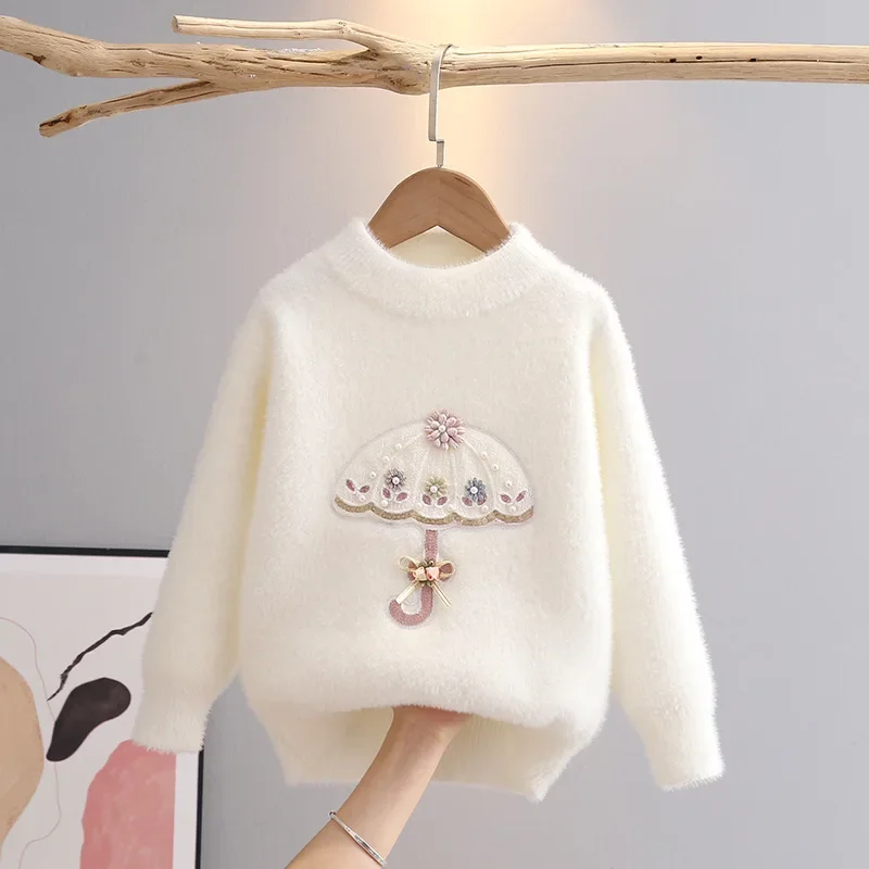 3-11 Yrs Autumn Winter Baby Girls Knit Long Sleeve Umbrella Pattern Children Girl Tops Sweater 2024 Floral Kids Pullover B23