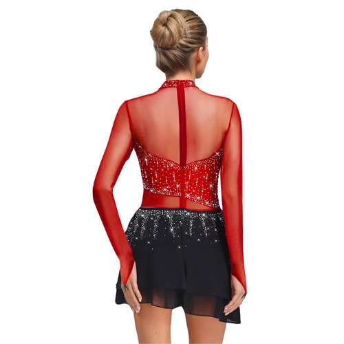 Imagen 2 del producto Vestido de baile lírico para mujer, falda de gasa de manga larga, vestido de leotardo, patinaje artístico, gimnasia, Ballet, traje de actuación de danza