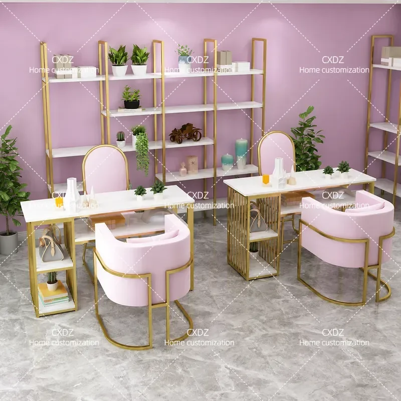 Modern Simple Manicure Table Double Layer Marble Top Nail Desk with Chair Set Single or Double Gold Wrought Iron Makeup