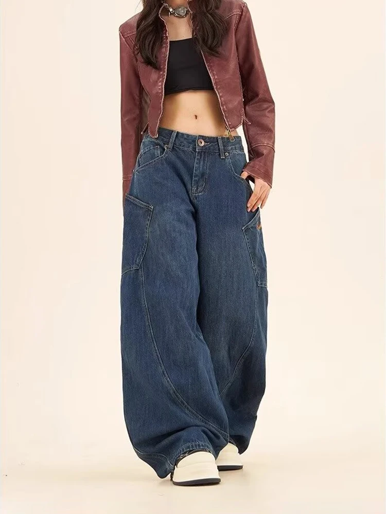 HOUZHOU Baggy Cargo Jeans Women Denim Pants Female Harajuku Pocket High Waist Loose Casual Trousers Autumn Y2K Vintage Clothes