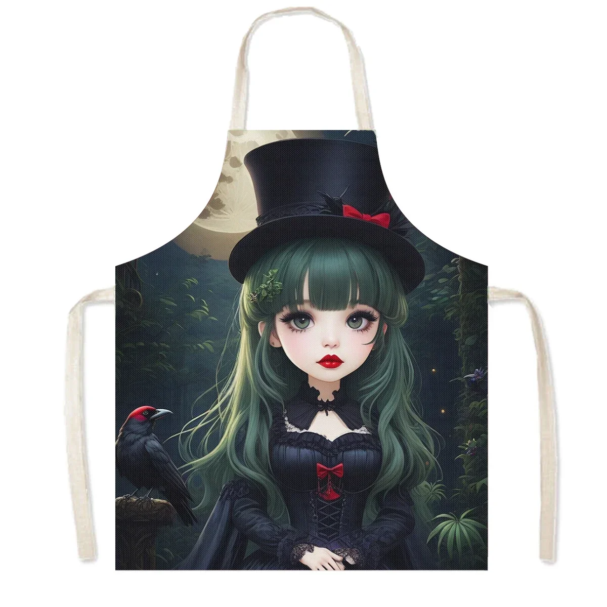 Cartoon Gothic Girls Print Kitchen Aprons Fantasy Angel Home Cleaning Clothing Linen Pinafore Waterproof Chef Cooking Apron
