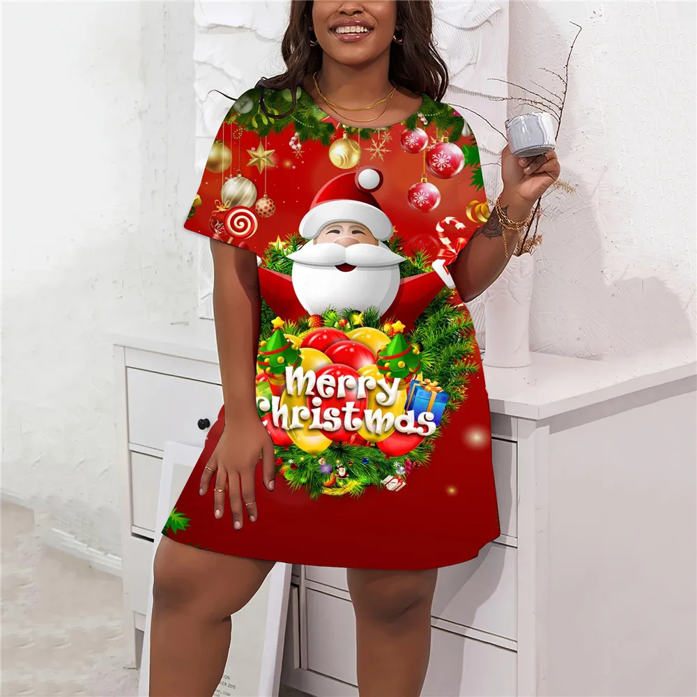 Christmas Party Mini Dress Women Cartoon Santa Claus Print Loose Dress Plus Size Fashion Casual Short Sleeve Dresses Winter 2024