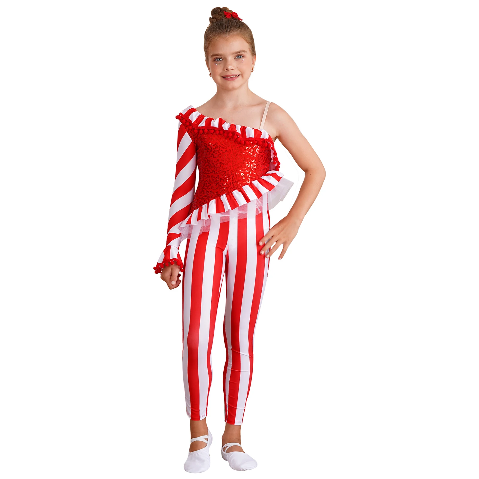 Kids Girls Candy Cane Christmas Dance Bodysuit Jumpsuit Unitard One Shoulder Xmas Holiday Santa Sweetie Costume Dancewear