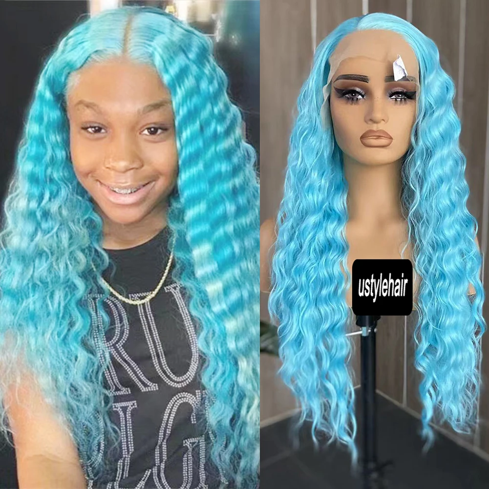 

Светло-голубой парик шнурка 13x4 Длинный глубокий волнистый парик фронта шнурка для женщин Натуральные волосы Синтетические волосы Бесклеевые термостойкие парики
