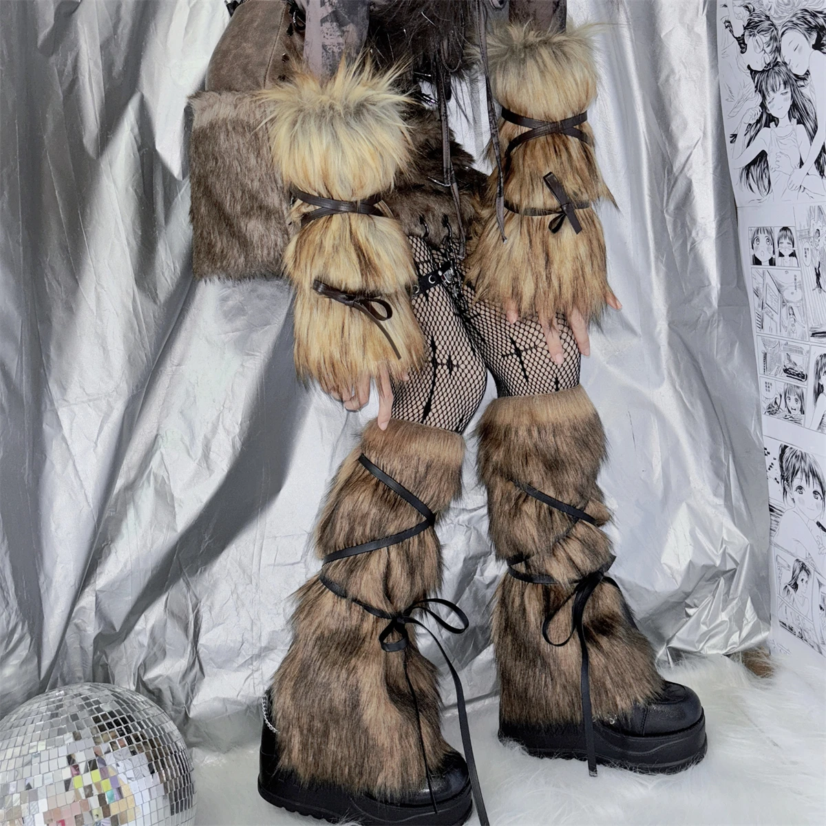 Bear Costume Accessories Set Headband Leg Warmers Furry Boot Covers Halloween Gothic Teddy Bear Faux Fur Legwarmers - RNG main image 2
