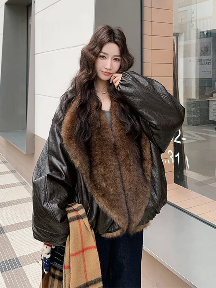 

Ele ort Women's Fur-Patched PU Leather Jaet Warm Outerwear Cool Winter Sle Korean Commute V-Ne Long Sve Coat