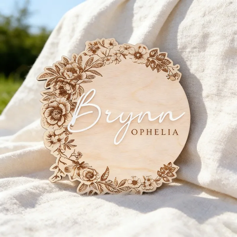 Custom Baby Name Wooden Sign, Personalized 3D Newborn Plaque, Laser Engraved Flower Photo Prop for Nursery Baby Shower Gift