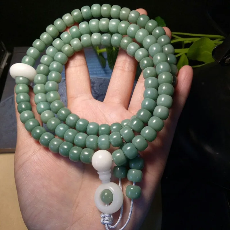 Natural green 108 , Yinpi Buddhist , barrel beads with white jade Bodhi root running ring