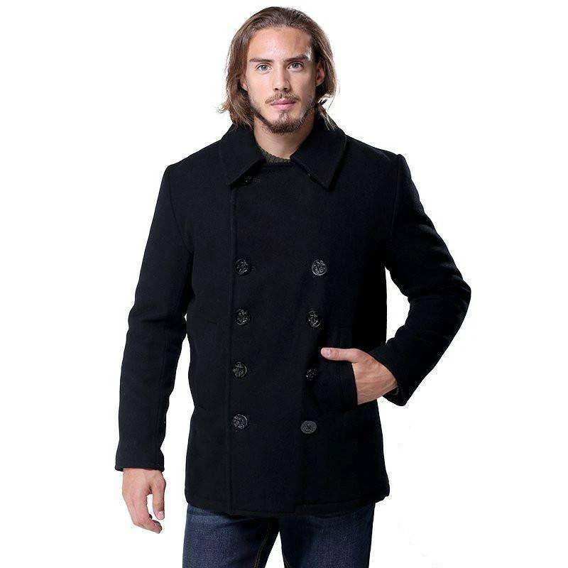 New Men\'s Woolen coat US Navy Type 80% Wool USN Pea Coat Leisure jacket Wool Blends Black Blue