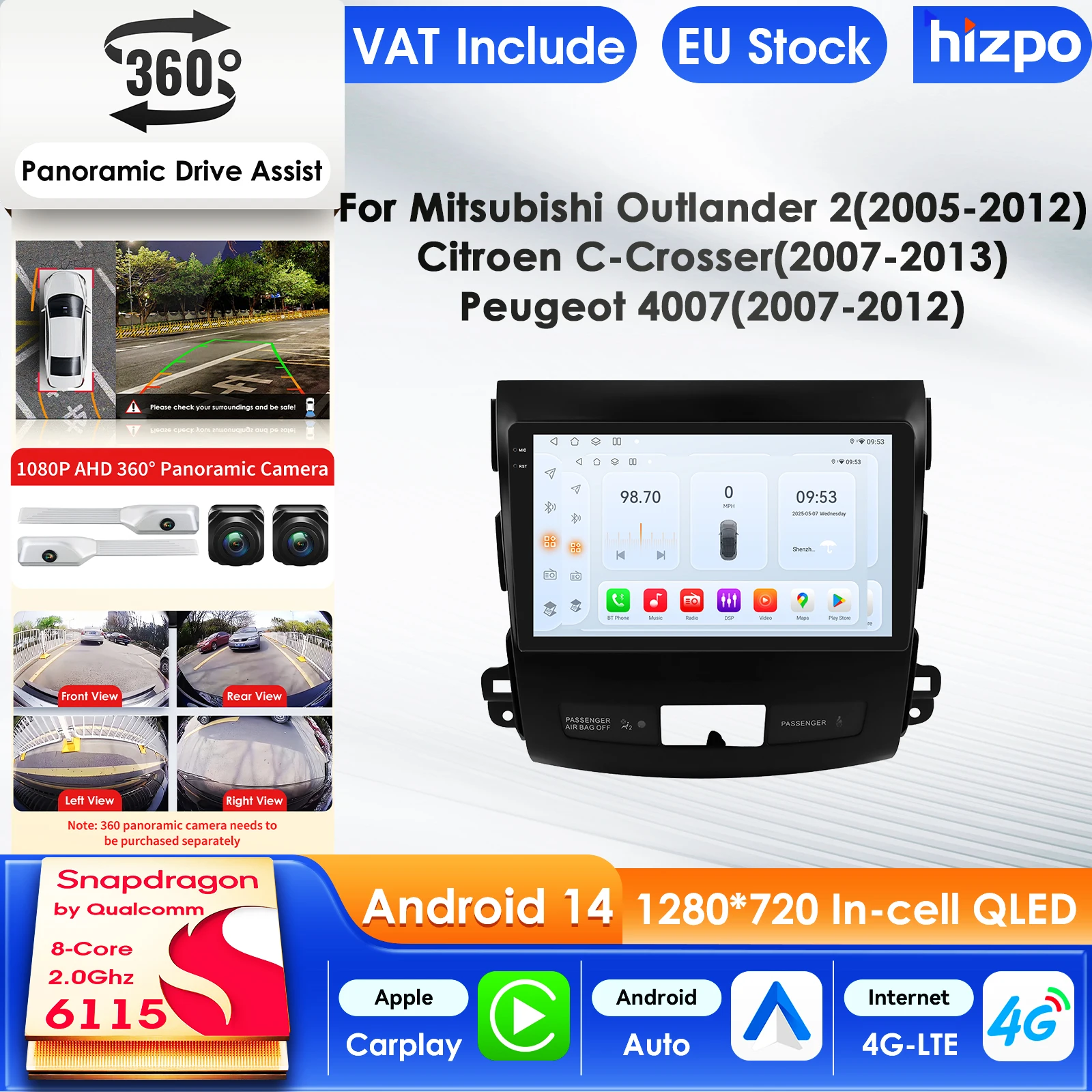 Hizpo Carplay AI Systems Android Car Radio for Mitsubishi Outlander Peugeot 4007 Citroen C-Crosser Multimedia Video Player GPS